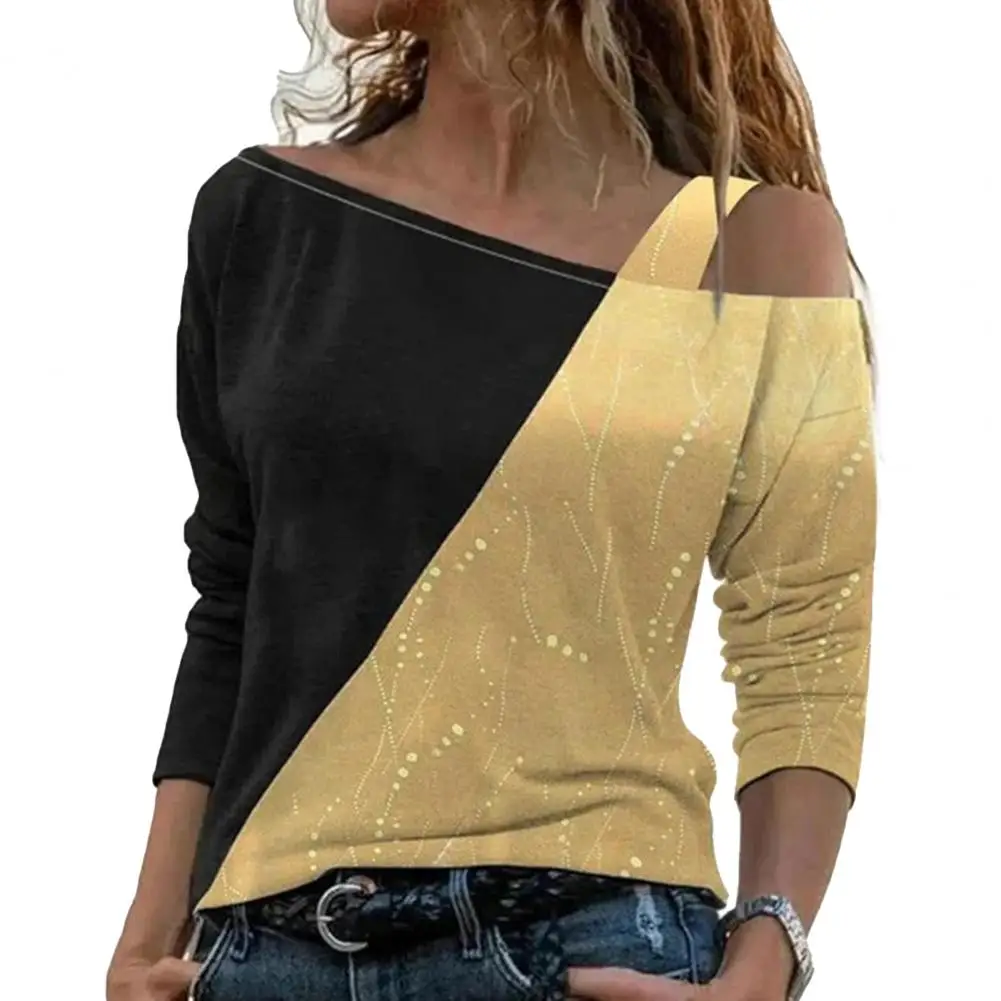 Women Pullover Golden Color Stitching Shiny fashion Blouse Female clothing топ женский