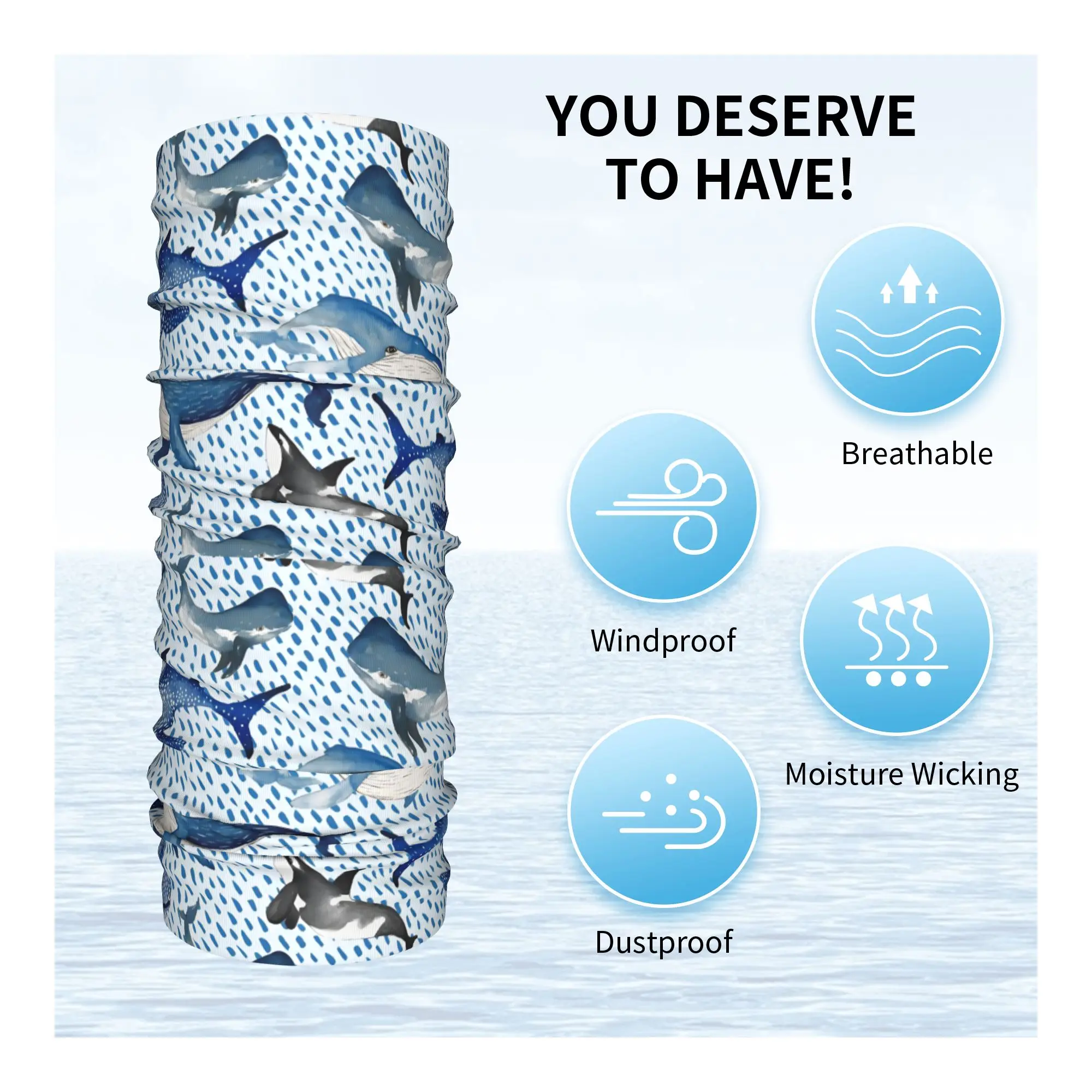 Custom Blue Watercolour Shark Winter Headband Neck Warmer Men Ski Camping Tube Scarf Monochrome Ocean Animal Face Bandana Gaiter view 3