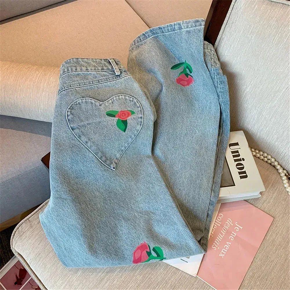 Goth Casual Loose Flowers Print Jeans Women Vintage Korean Chic Y2k Denim Pants High Waist Vintage Street Stright Denim Trousers