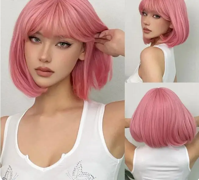 Wig Cosplay sintetik Bob pendek merah muda muda dengan poni untuk wanita putih Wig pesta Lolita lurus rambut alami tahan panas