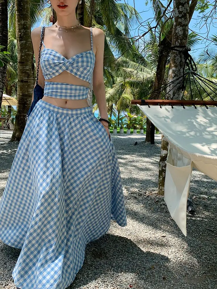 Suits Blue Plaid Corset Maxi Skirt Women 2-Piece Set Sweet Cute High Rise Long Skirt Bandage Crop Tube Top Summer Beachwear