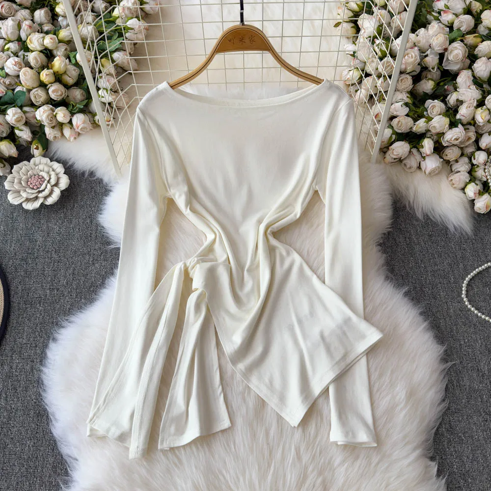 

Women Winter Bandage Top Shirts Lady Trendy Irregular O Neck Stretch Split Pullovers Tees T Shirts Autumn Slim Design Pullovers