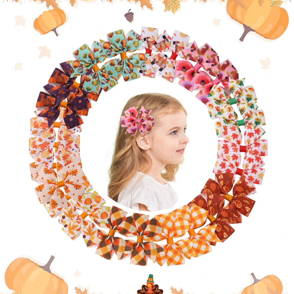

12pcs/set Thanksgiving Day Hair Bow Clips for Baby Girls Orange Printed Ribbon Bow Hairpins Barrette Headwear Holiday Gifts