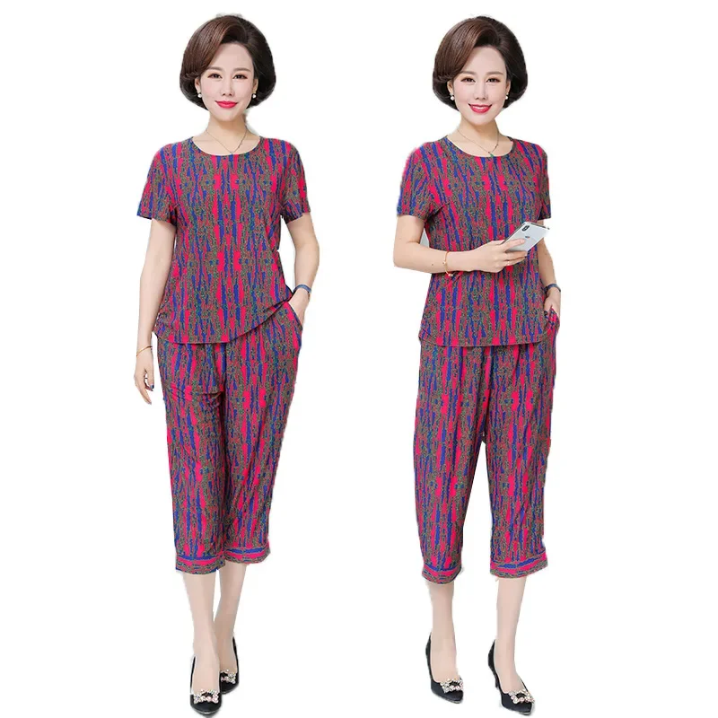 2 Pcs Sets Middle-aged and Elderly Women\'s Suits Vintage Fashion Print T-shirt Tops & Casual Pants Mother Summer Clothing