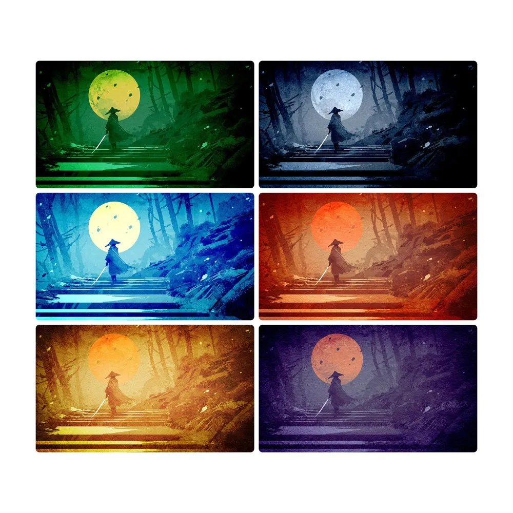 Hooded Ronin Swordsman Large Desk Pad MultiTone Moon Forest Warrior Silhouette Non‑Slip Gaming Mouse Pad for Esports Office Card
