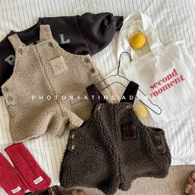 Children Warm Jumpsuit Sleeveless Kids Romper Trousers Thick Baby Girl Loose Fleece Overalls Boys Lamb Cashmere Suspenders Pants