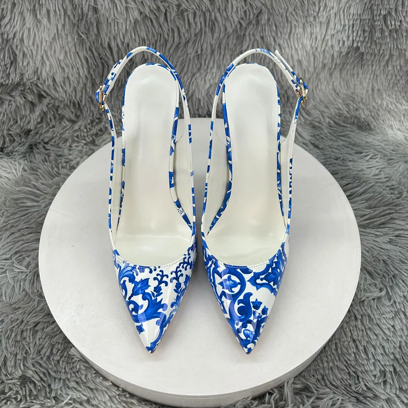 Women Blue White Porcelain Print Slingback High Heels Pointed Toe Stiletto Pumps Buckle Strap Party Wedding Evening Dress Shoes