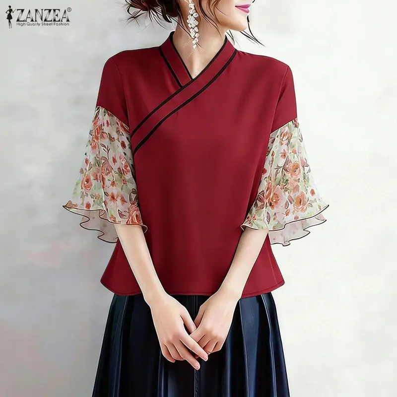ZANZEA 2026 Sommer Blumen-Patchwork-Bluse für Damen, Eleganter V-Ausschnitt, 3/4 Glockenärmel, Stilvolle Arbeitsoberteile, Modisches Urlaubshemd, Übergroße Damenbluse