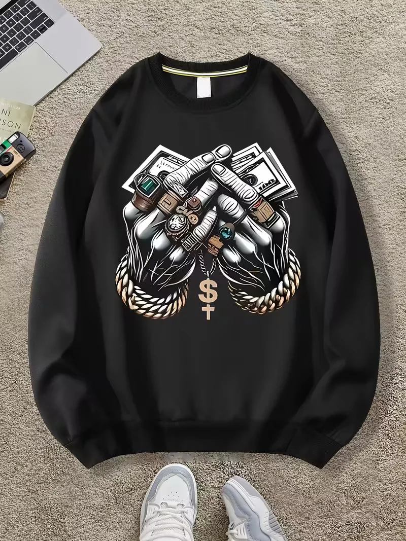 

Men's Round Neck Sweatshirt, Funny Graphic Print, Black Street Round Neck Hoodie for Everyday Casual Wear, Christmas Long Sleeve