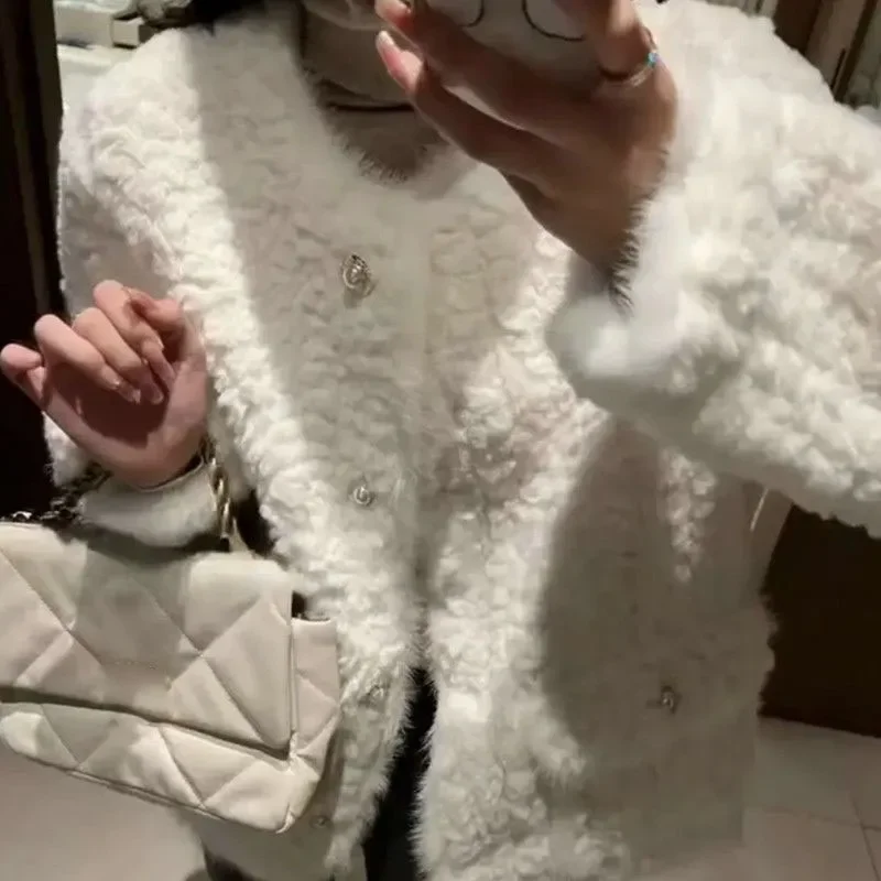 Pink Faux Fur Jacket Women Fashion with Pocket Long Sleeves Lamb Wool Warm Coat Ladies Korean High Street Short Outwear