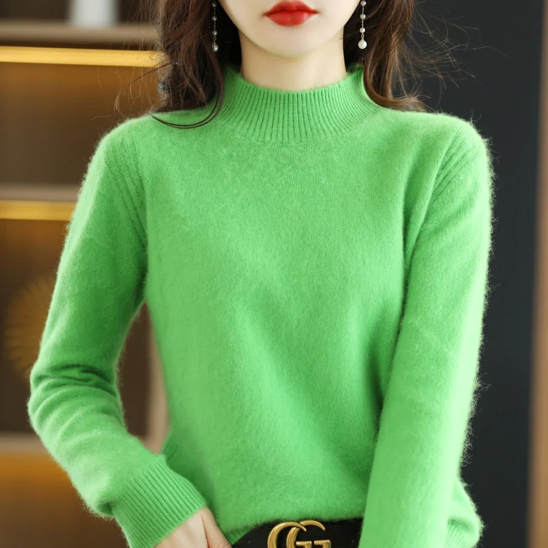 2024 Autumn/Winter New Women\'s Mink Cashmere Sweater With Semi High Collar Loose Fit Slimming Warm Long Sleeved Knitted Pullover