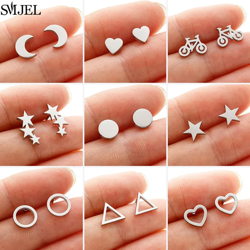 Pendientes de Acero Inoxidable de Moda, Pequeños Pendientes de Estrella y Luna para Mujer, Pendientes de Corazón Triangulares Punk, Joyería Minimalista