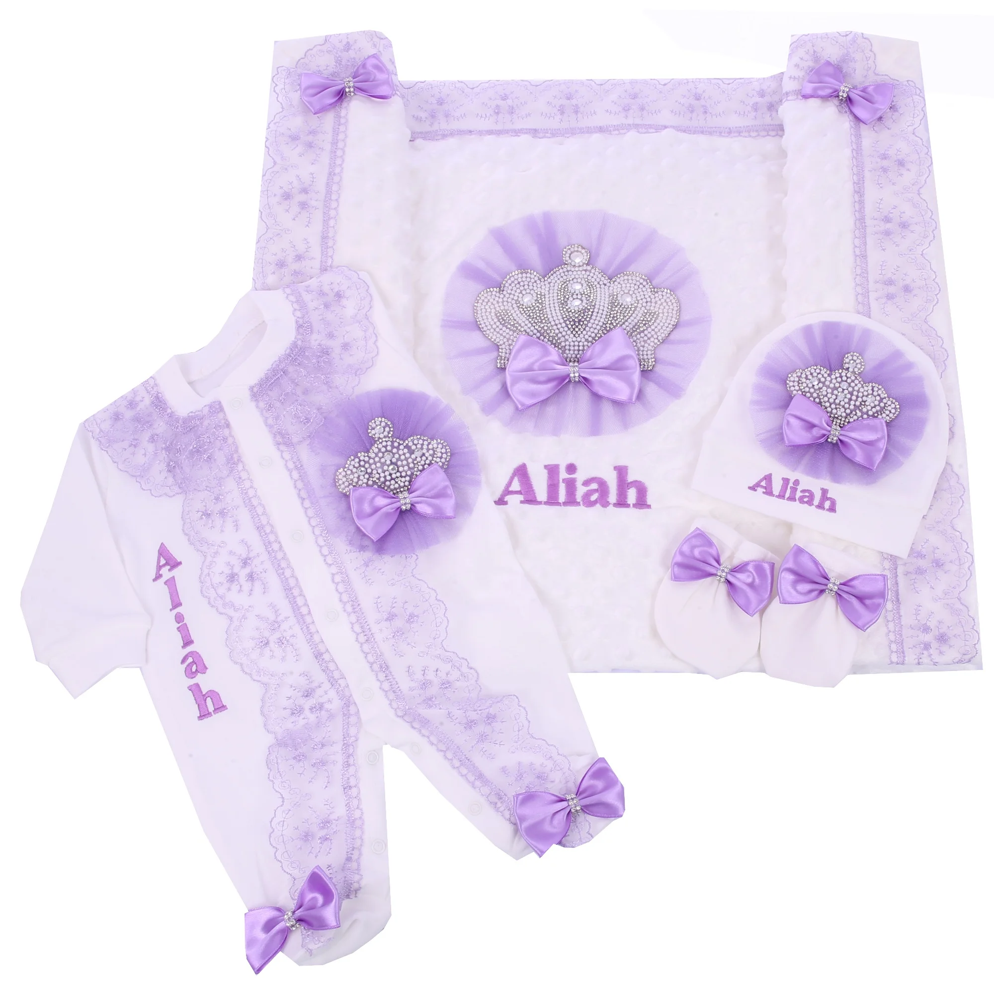 Cherished Personalized Baby Girl 4Pcs Layette Set Purple Crown Lace Romper Blanket Hat Gloves Newborn Princess Outfit