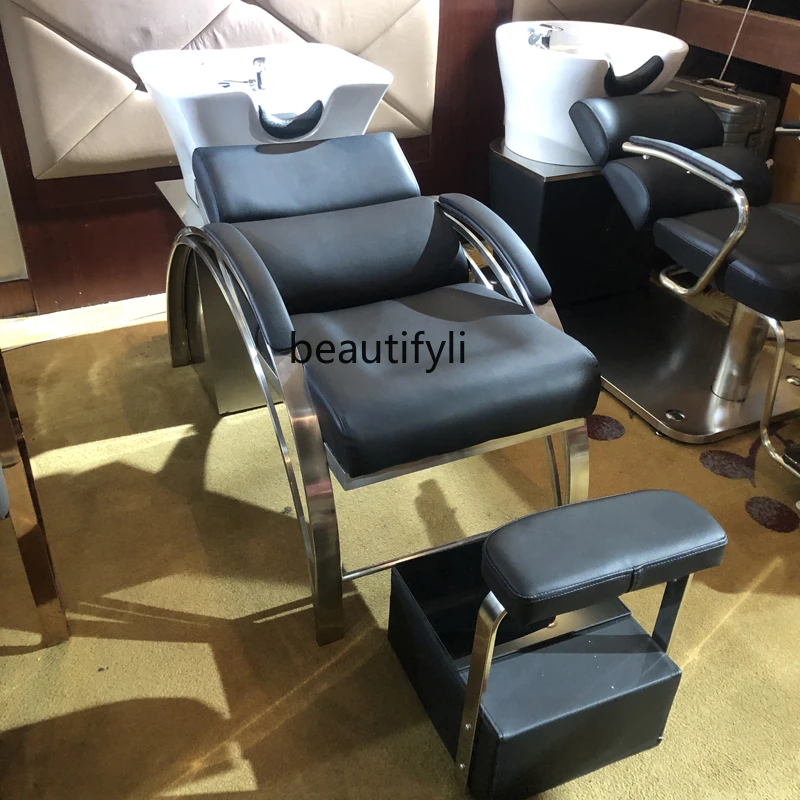 Stainless Steel Shampoo Chair Hair Salon Flush Hair Lying Half Deep Basin Ceramic Basin with Pedal