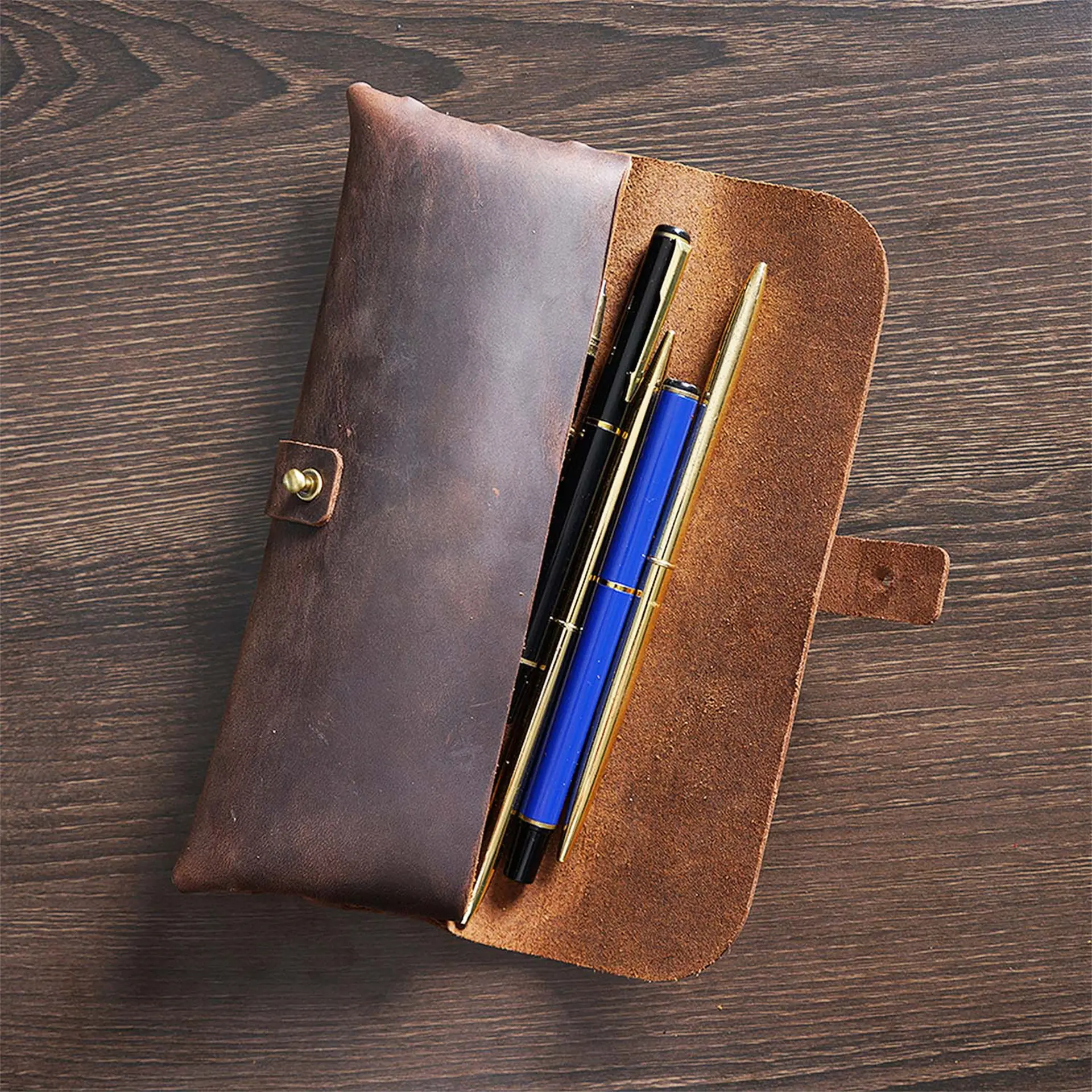 Estuche de lápices de Cuero 100% para hombre, bolsa de bolígrafos Retro para estudiantes, bolsa de almacenamiento de gran capacidad de papelería,