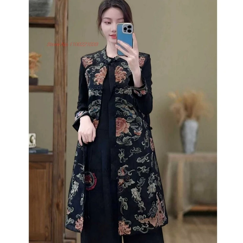 2024 traditional flower embroidery cotton-padded vest vintage hanfu tops sleeveless jacket oriental retro stand collar folk vest