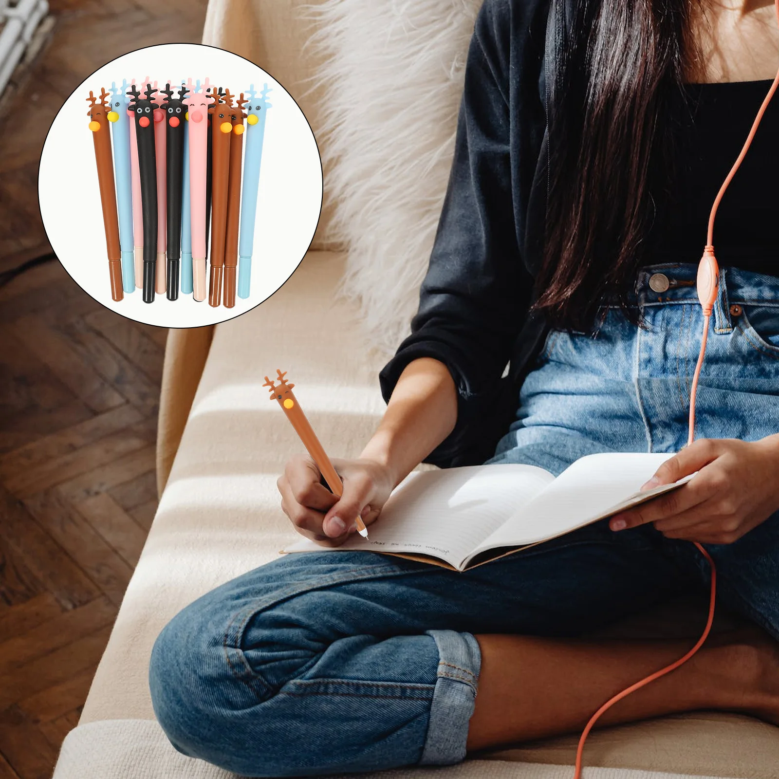 

16pcs Christmas Deer Ballpoint Pens Blue Ink Mini Fan Design Plastic Pens For Kids Students Office Gift Black Brown