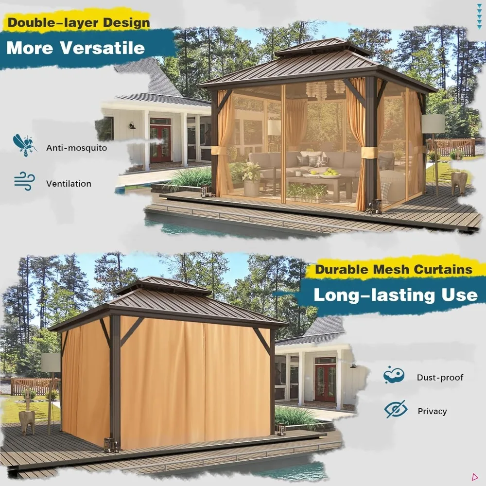 

10'x12' Hardtop Gazebo, Metal Double Roof Aluminum Gazebos with Curtain and Netting, Brown Permanent Galvanized, Customized