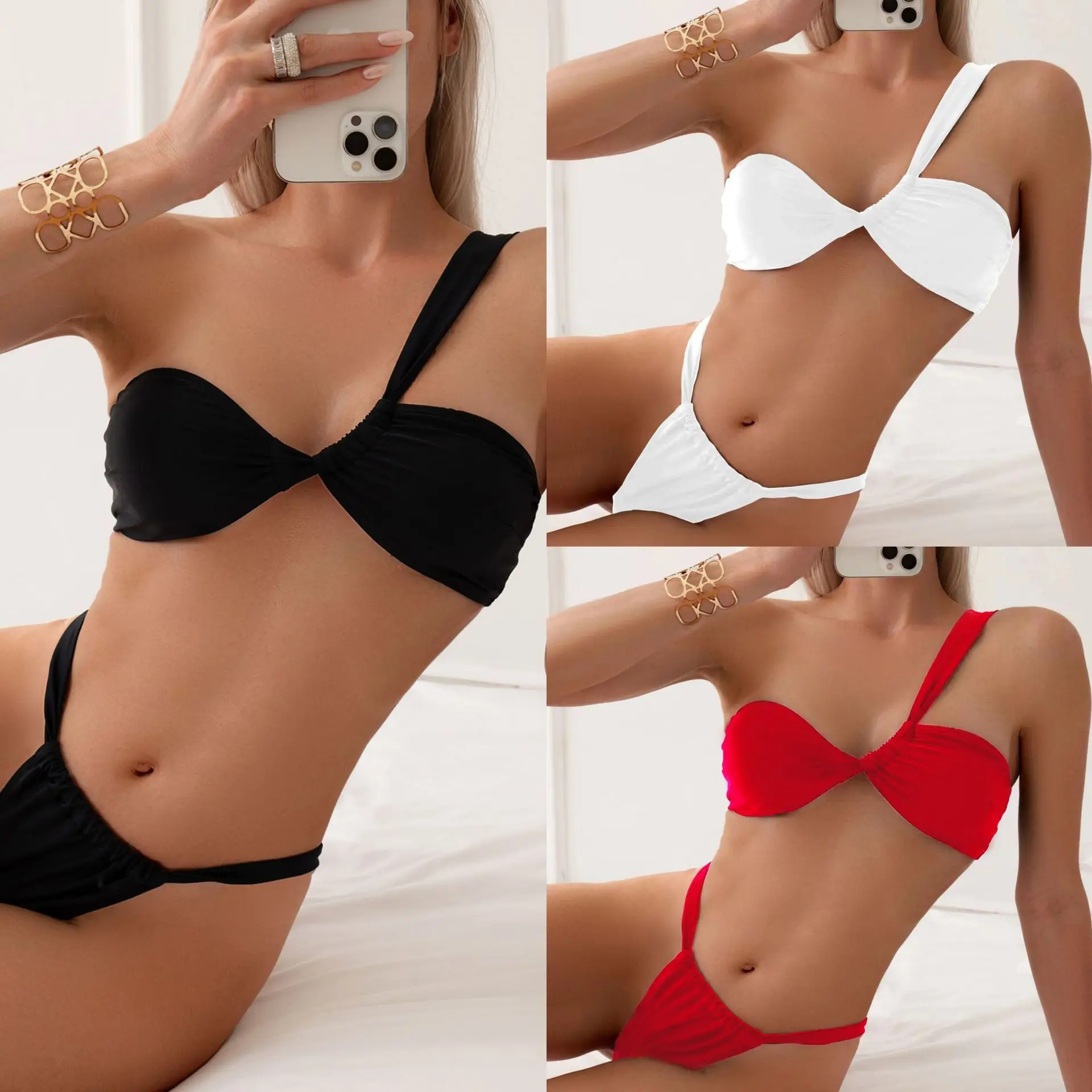 2024 New Solid Color Split Swimsuit European and American Women's Swimsuit Single Shoulder Slant Shoulder Solid Color Bikini