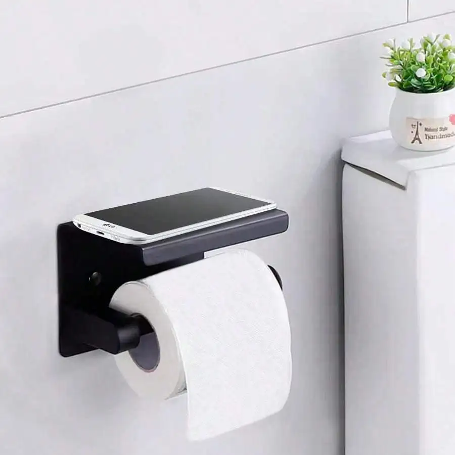 Toilet Paper Holder Stainless Steel Paper Roll Holder with Shelf Drilling Tissue Paper Holder Wall Mount (Black)