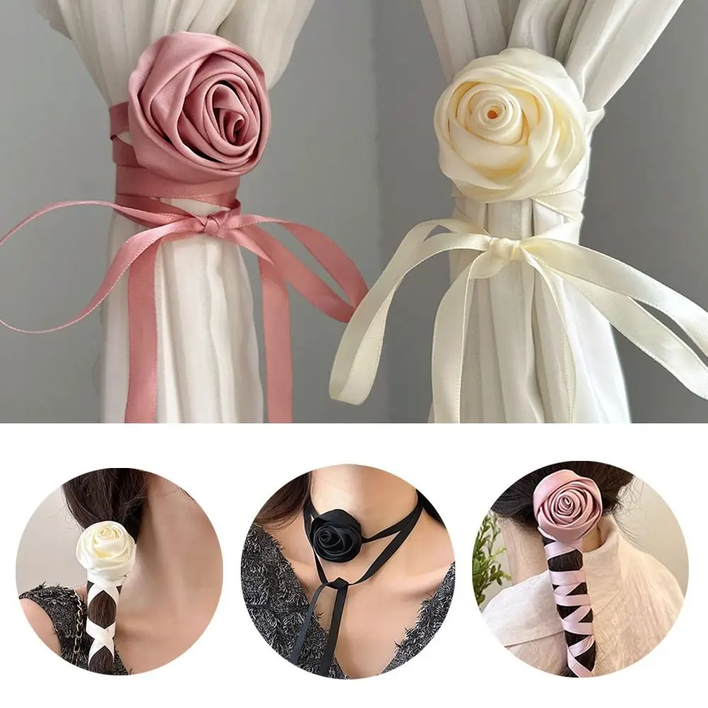 2PCS Multi-function Rose Curtain Tieback French style Elegant Ribbon Curtain Buckle Satin Ribbon Sweet Curtains Tie Rope Gift