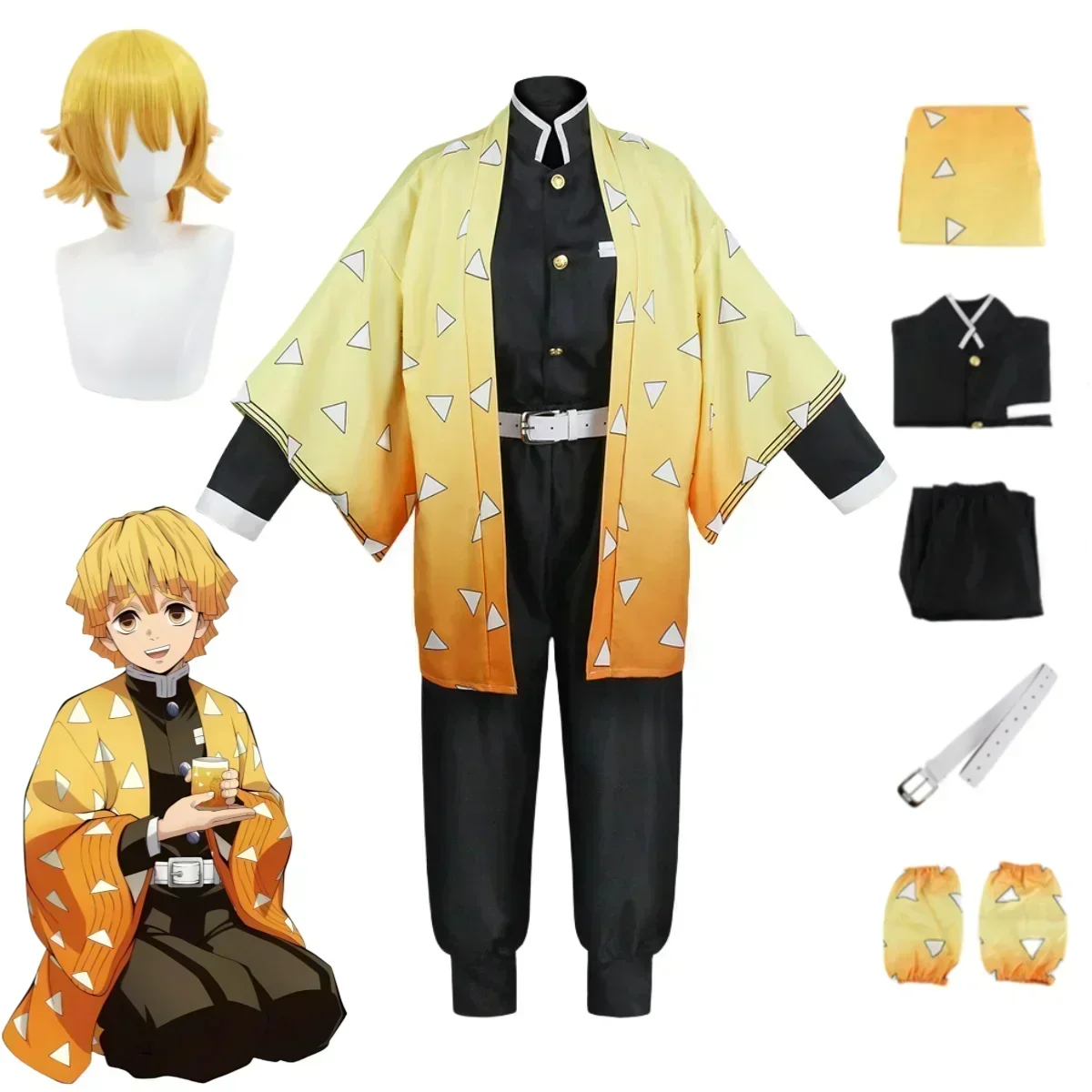

Anime Agatsuma Zenitsu Cosplay Kost Kimono Halloween Kleding Party Uniform Pruik Vrouwen Kids