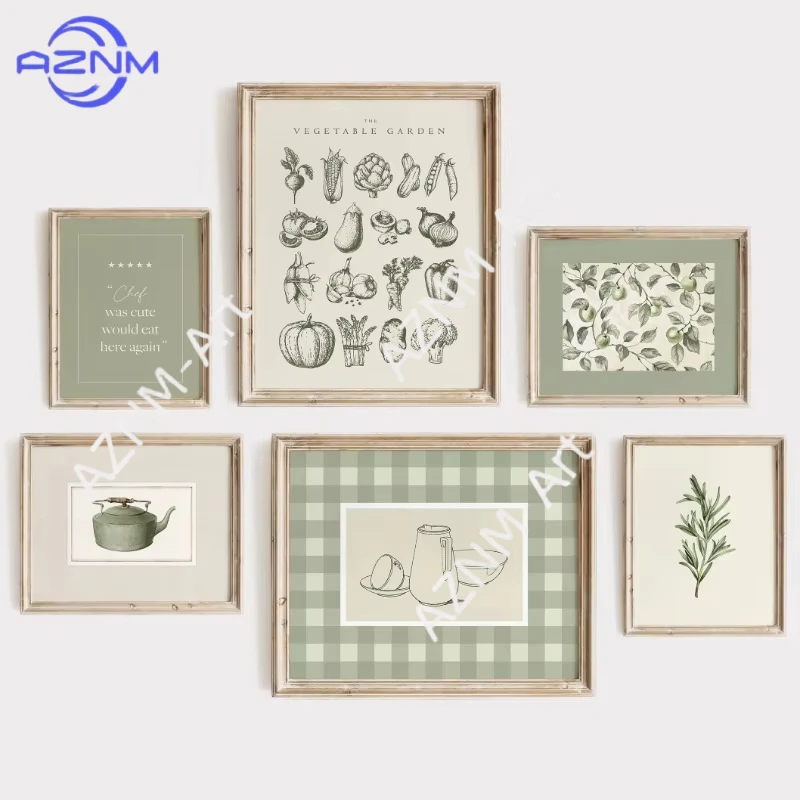 1/6 Stück Kunstvolle Salbeigrüne Küchendekoration, Vintage Zwiebel-Karotten-Druck, Botanisches Poster im Landhausstil, Gemüse-Leinwandbild für Esszimmer