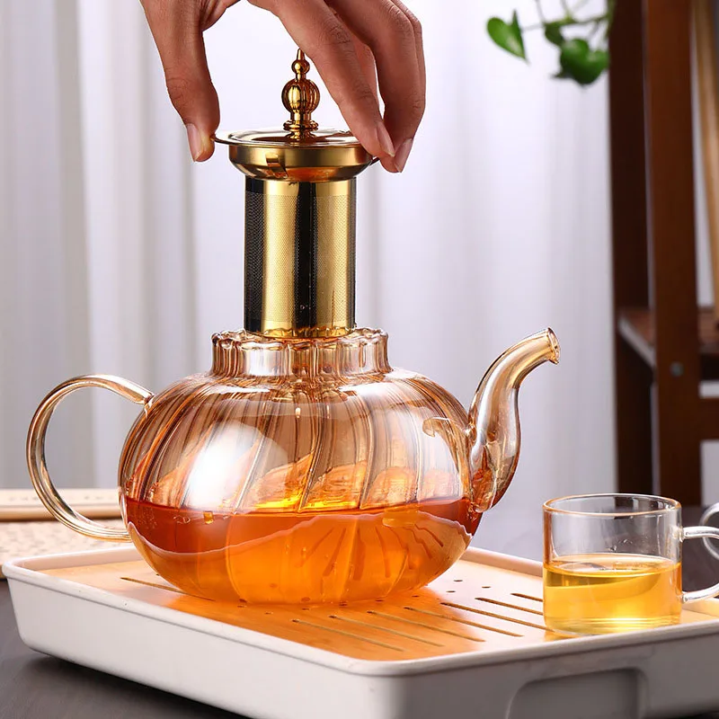 1250ML Glass Teapot Flower Tea Kettle Heat-Resistant Transparent Coffee Tea Pot with Filter Drinkware Glass Stripe Kungfu Teapot