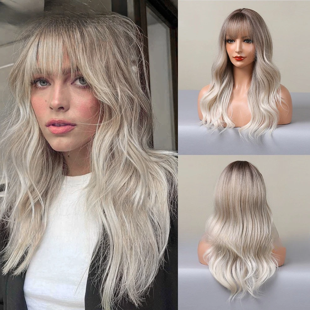 

European and American white wind air bangs gradual change gold big wave long curly wig