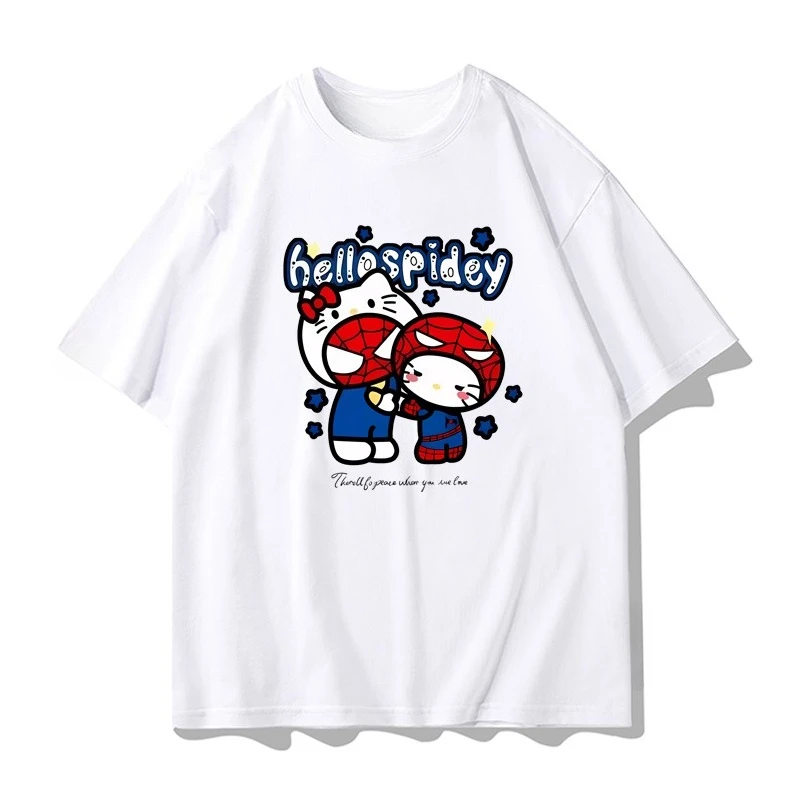 

Disney HelloKitty Joint Spider-Man Short-sleeved T-shirt Women's 2025 New Summer Cotton Hello Kitty Clothes Trendy Brand Popular