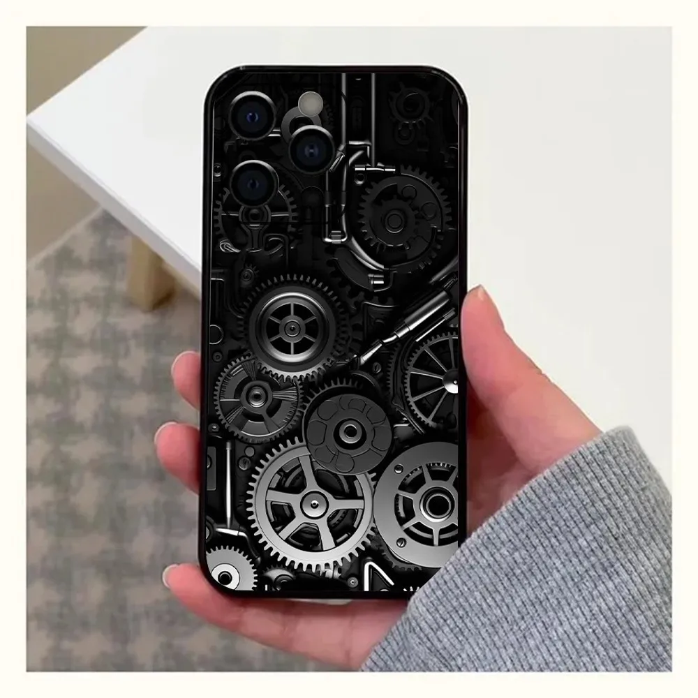 Mechanical Gear Phone Case For Apple iPhone 15,14,13,12,11,Pro,X,XS,Max,XR,Plus,Mini Soft Black Cover