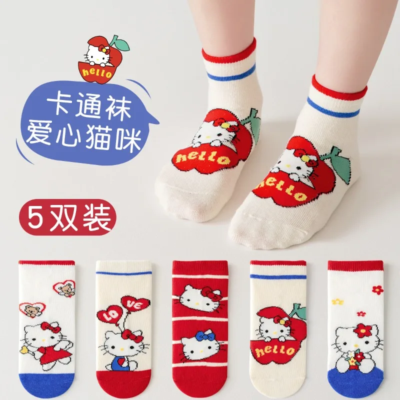 

5 Pairs New Sanrio Hello Kitty Kids Socks New Spring and Summer Cartoon Mesh Breathable Children Mid-calf Cotton Sock for Girls