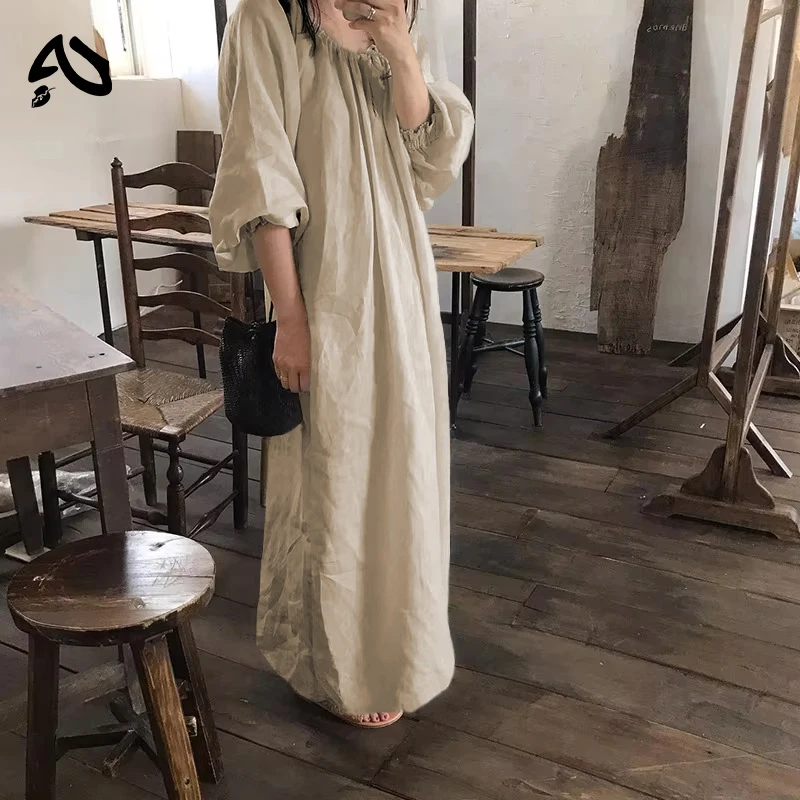 Original nuevo vestido Vintage de lino y algodón de primavera para mujer, vestido largo liso de manga larga con cordón de lino de una pieza