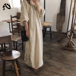 Original New Spring Vintage Cotton Linen Dress for Women Solid Long Sleeve Drawstring Linen One-Piece Dress Maxi Dress