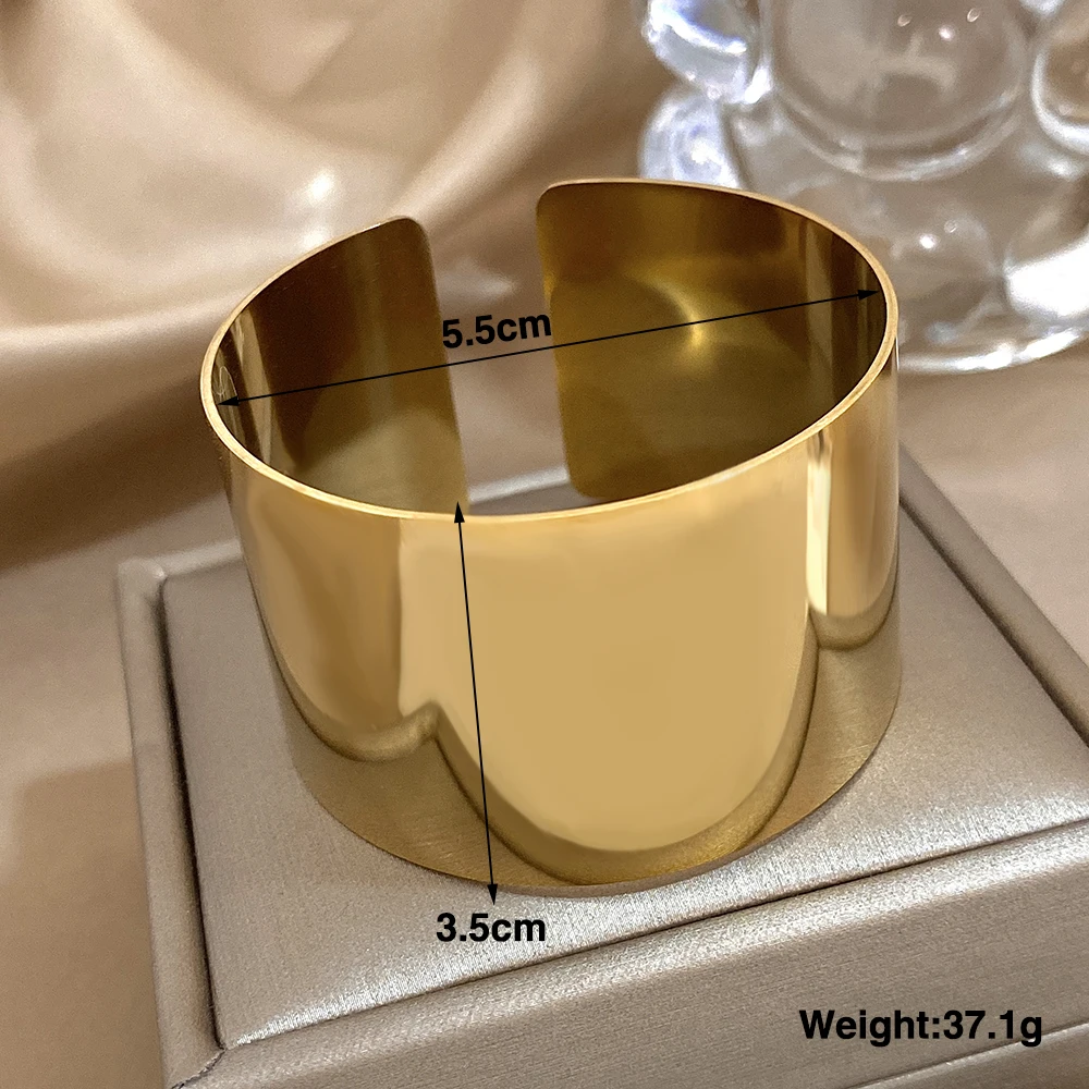 Minimalist Stainless Steel Wide Cuff Bracelets Bangles for Women Glossy Chunky Gold Silver Color Open Bangle Waterproof Jewelry
