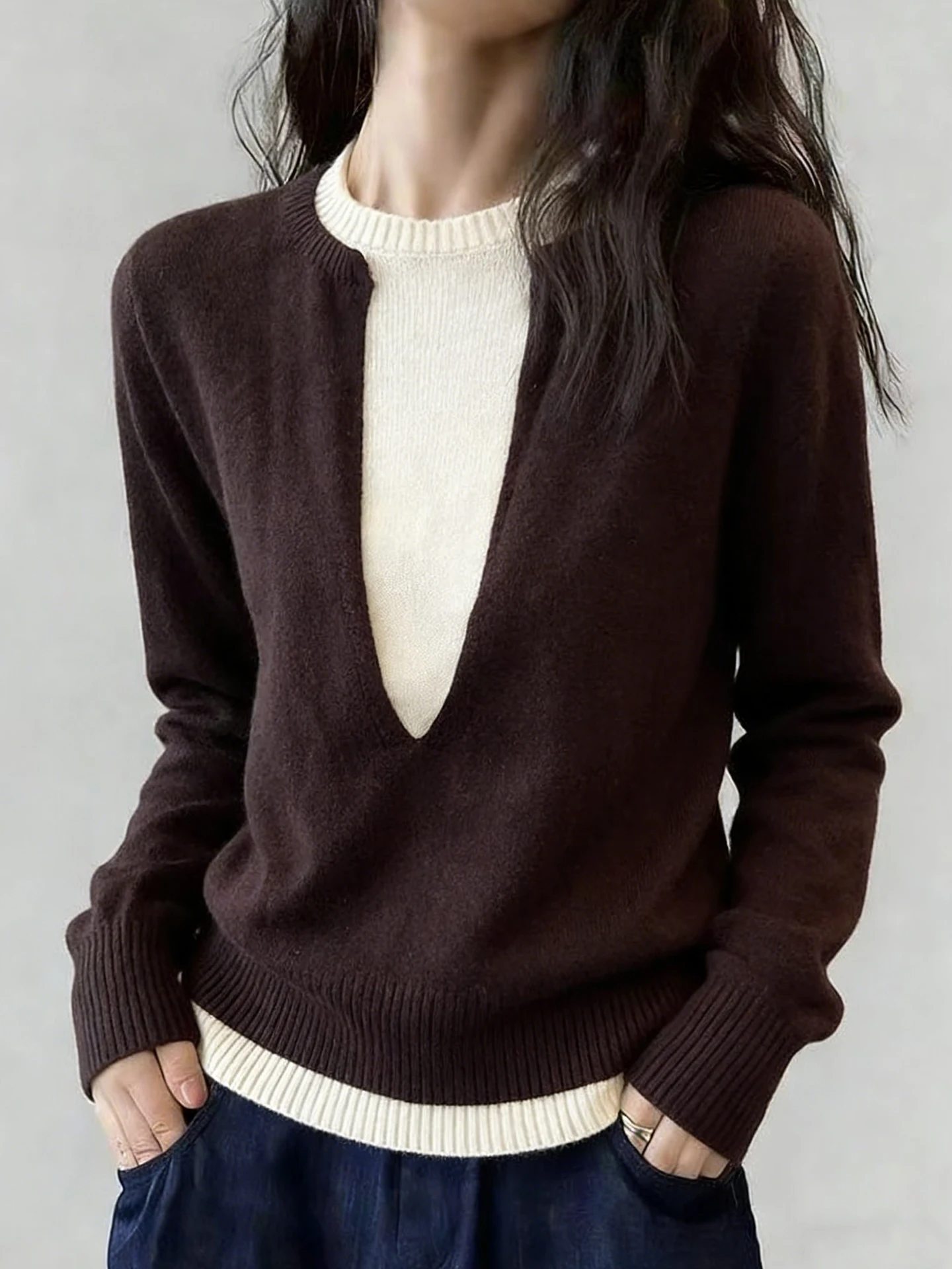 

Color Block Long Sleeve Knitted Top Soft Skin Friendly Base Shirt Stylish Korean Version Straight Cut Spring Fashionable