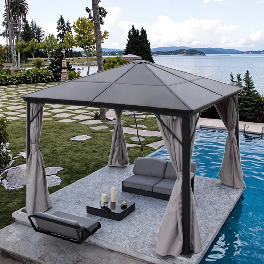 Outdoor Aluminum Pavilion Canopy & Gazebo PC Roof Hardtop Sunproof Leisure Pergola for Patio Garden & Leisure Usepromote sales