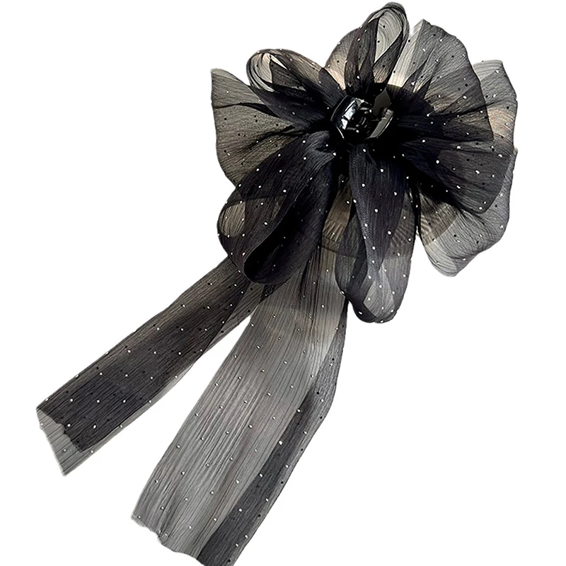 Trendy Black And White Color Mesh Big Bow Hairpins Girl Tulle Starry sky Hair Clip Women Ponytail Claw Clip Hairgrip Accessories