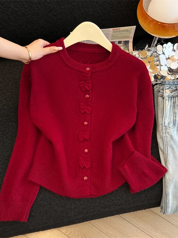 

Red Knitted Sweater Coat for Women Knot Small Fraance Sle Autumn Winter New Arrival High End Outerwear Top