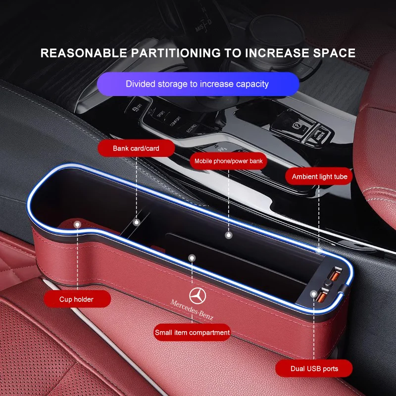 Car Seat Gap Storage Box For Mercedes Benz W205 W204 W203 W212 GLC CLA GLA C180 C200 C300 C63 With Colorful LED Atmosphere Light