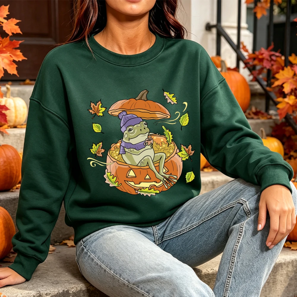 Funny Cozy Frog In Pumpkin Hoodie Women's Cute Fall Winter Beanie Scarf Drink Coffee Graphic Print Warm Long Sleeve Autumn Top