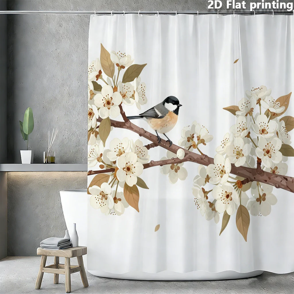 

Занавеска для душа с изображением цветов вишни и птиц – акварельный цветочный дизайн, полиэстер, 12 крючков, мягкий современный декор для ванной комнаты