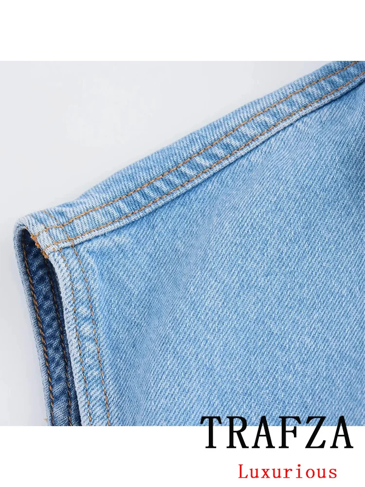 TRAFZA Vintage Casual Chic Women Denim Dress Patchwork Sleevess Casual Mini Vestidos New Fashion 2024 Summer Holiday Dress