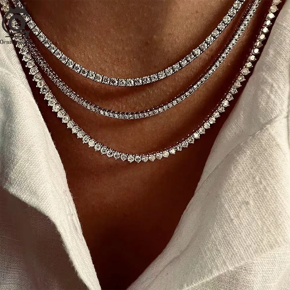 

ORSA JEWELS 2mm 3mm 4mm 5mm Full Tennis Necklace Genuine 925 Sterling Silver 8A Clear CZ Cubic Zirconia Neck Chain Lobster Clasp