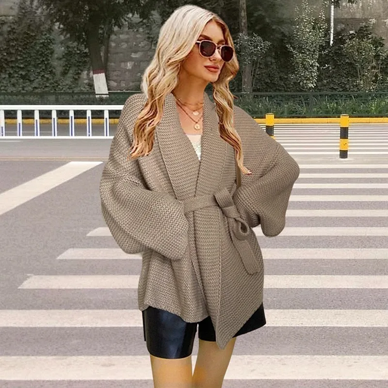 

French Fashion V-neck Sweater for Autumn and Winter New Jacket with Waist Cinching Straps Thick Knit Cardigan Female Clothes