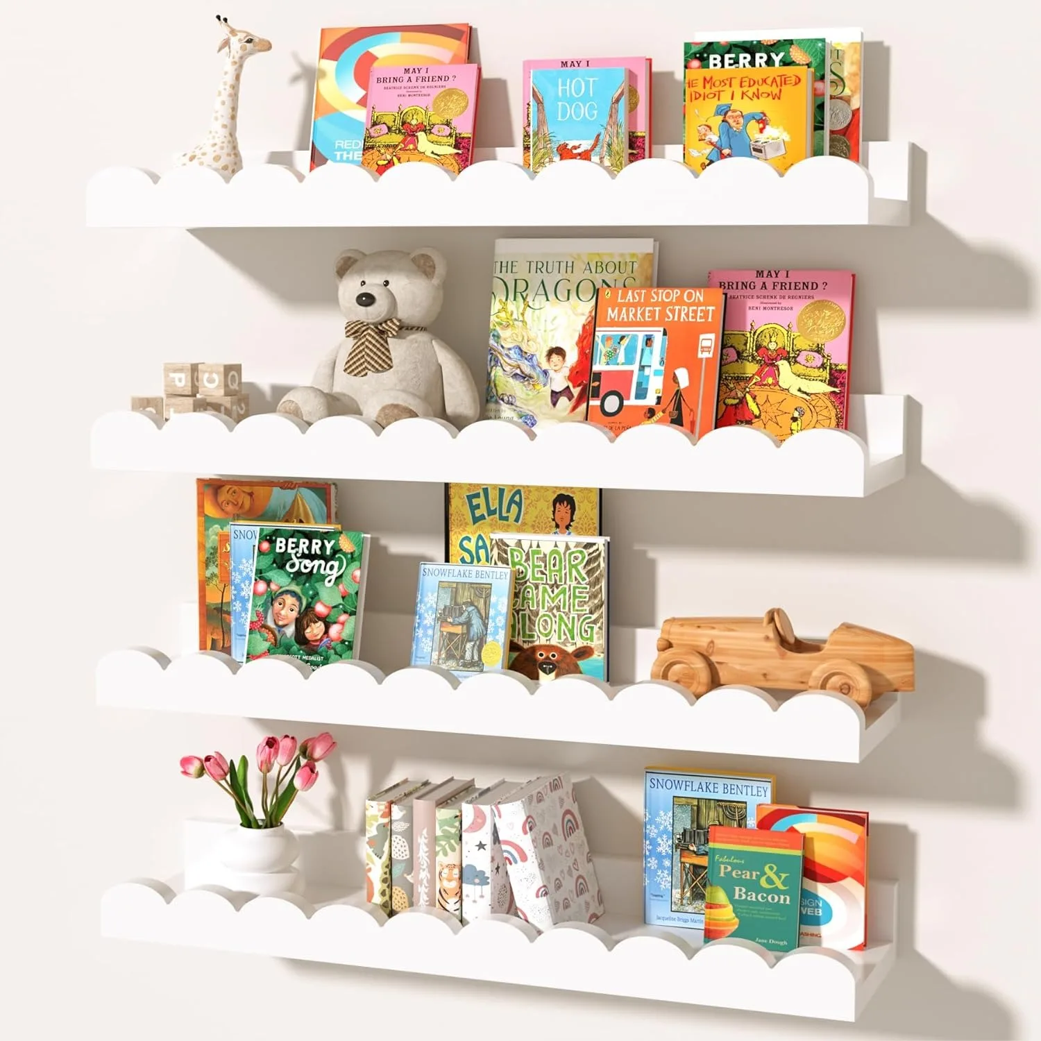 

White Scalloped Nursery Shelves For Wall 4-Pack Floating Book Shelves For Kids Room Wall Mounted Bookshelves For Bedroom Playroom Book And Decor Display