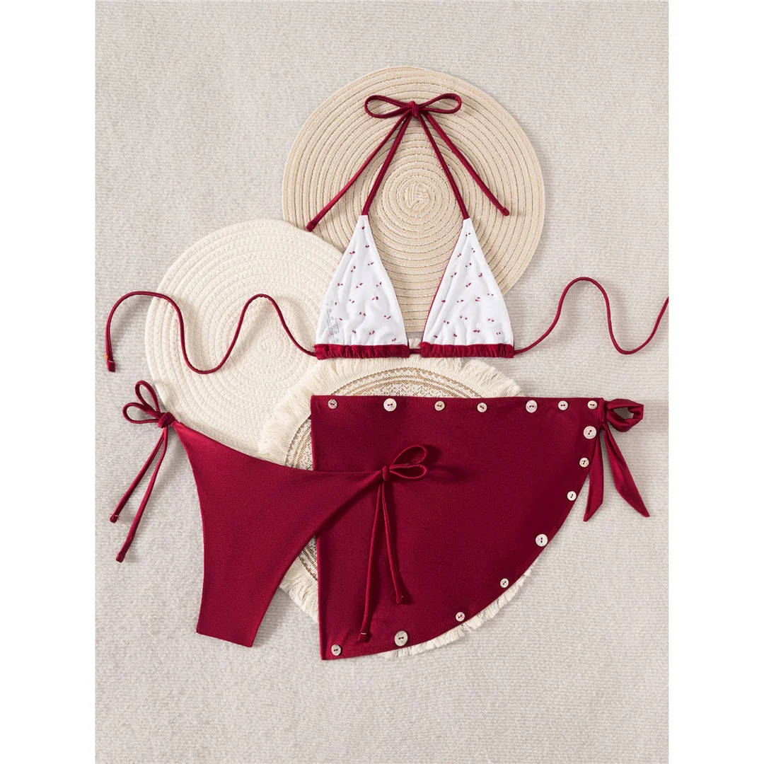 Mit Sarong-Knöpfen, Neckholder-Bikini, Damen-Badeanzug, dreiteiliges Bikini-Set, gepolsterter Badeanzug, Badebekleidung, Badeanzug V8307 – Detail 7