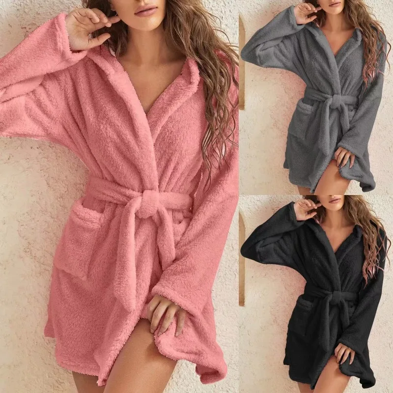 

Hot Selling 2025 Plush Pajamas Solid Color Hooded Home Warm Bathrobe for Women