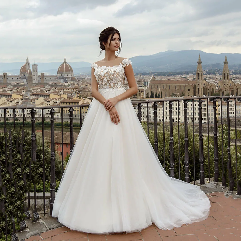 

Luxury Wedding Dresses 2025 Cap Sleeves Lace Appliques Bridal Dress Illusion Boho Bridal Gown Tulle Brides Dresses Customized