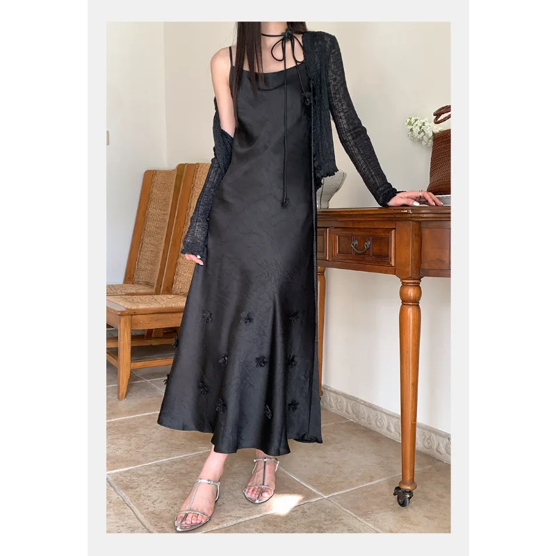 

French Simple Elegant Wedding Party Sling Dress Women Summer Sleeveless Long Satin Beaded Black White Lady Dresses
